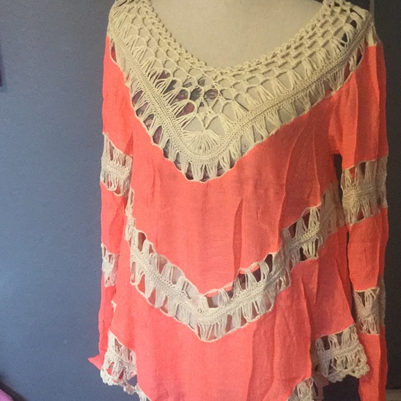 ❌DONATED❌Coral Mango Soft Crochet V-neck Symmetrical Top - Picture 2 of 10
